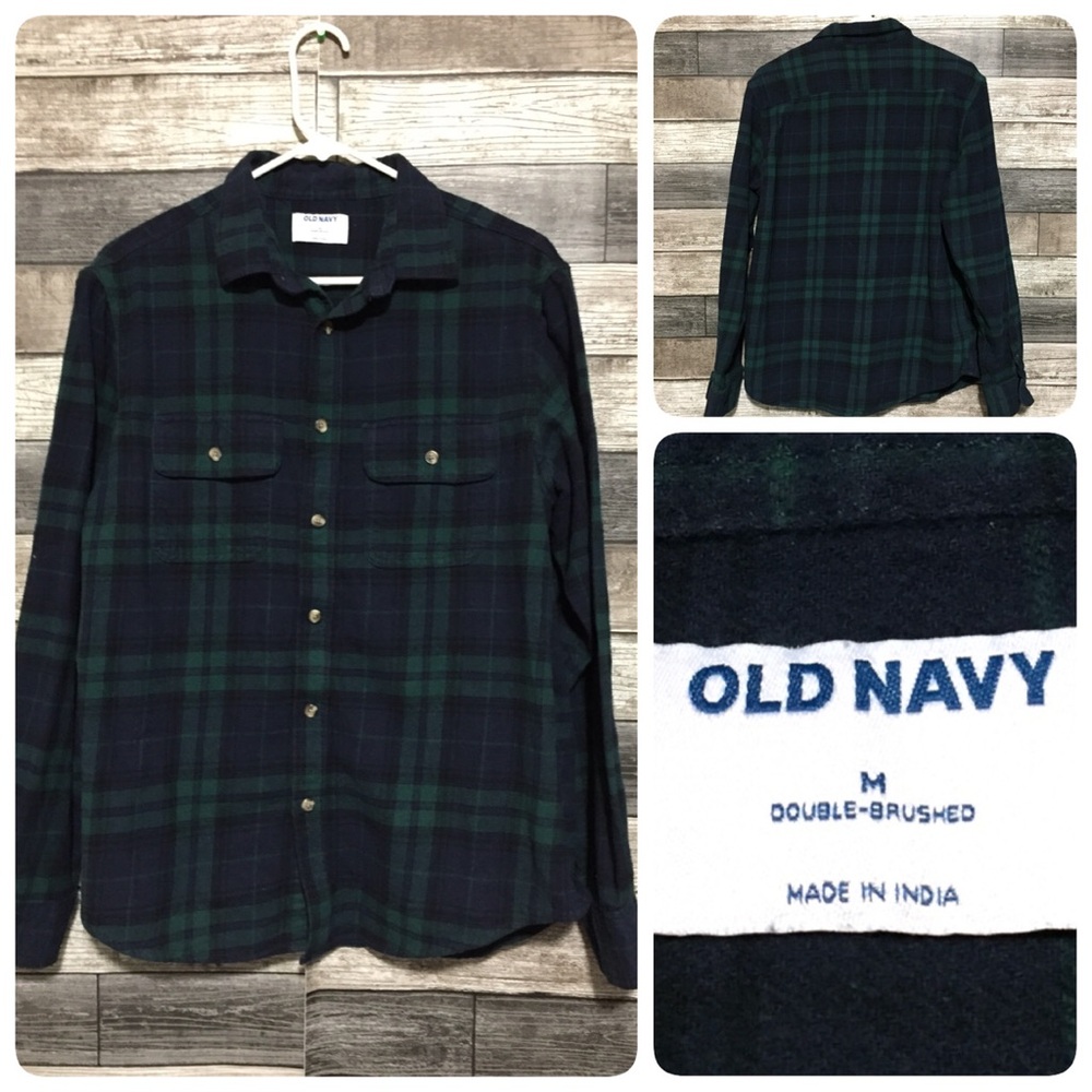 Old Navy Double Brushed Flannel Shirt Men’s M Blue Green Tartan Plaid